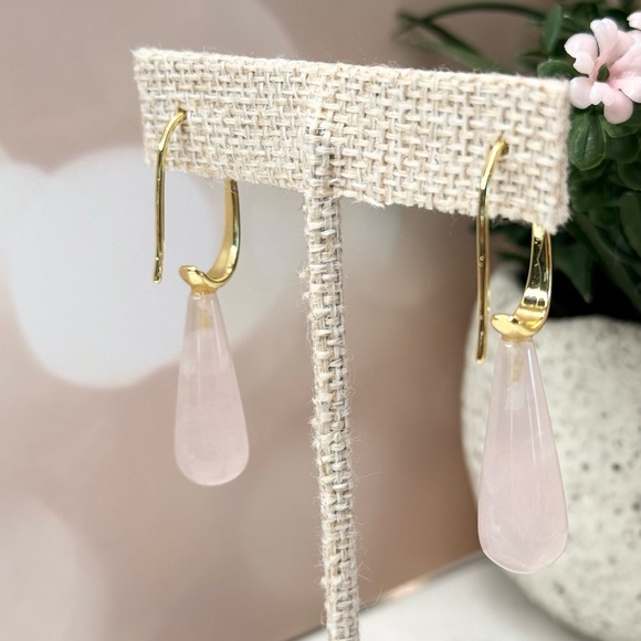14K Gold Plated Genuine Rose Quartz Teardrop Earrings - Picture 5 of 5